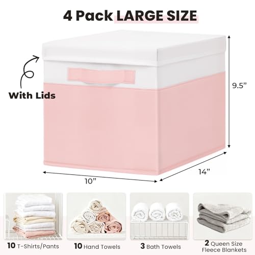 Large Closet Organizer Bins with Lids 4 Pack - 23 QT Collapsible Decorative Storage Boxes with Lids - Clothes Storage Bins with Handles - Fabric Containers for Living Room, Dorm, Nursery - Pink - color: White with Pink, size: 4pcs-Large