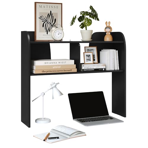 Wooden 3-Tier Desktop Bookshelf, 37" Rounded-Edge Desk Storage Organizer, Space-Saving Countertop Shelving Unit for Home, Office & Dorm, Black - color: Full Black