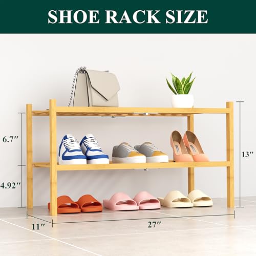 Smiry Shoe Rack, 2 Tier Thick Bamboo Shoe Organizer, Stackable Free Standing Wooden Shoe Storage Shelf for Closet, Entryway, Front Door Entrance, Natural - color: Natural, size: 26.80" Wide - 2 Tier - Thicker