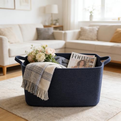 Large Blanket Basket,Woven Rope Basket Storage Bin with Handles,65L Rectangle Laundry Basket for Magazines,Toys,Clothes,Newspaper Shelf Organization,Nursery and Living Room,Navy - color: Navy, size: 21"x16"x12"(65L)