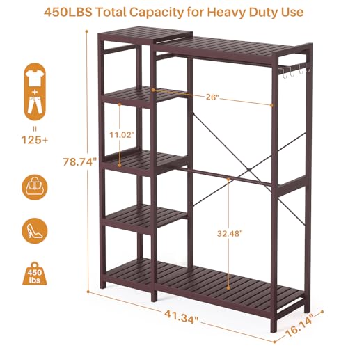 Homykic Bamboo Clothes Rack Garment Rack for Hanging Clothes, Heavy Duty Clothing Rack with 7 Tiers Adjustable Shelves, Double Rods, 4 Hooks, Freestanding Closet System Organizer Wardrobe, Espresso - color: Espresso, size: II Medium