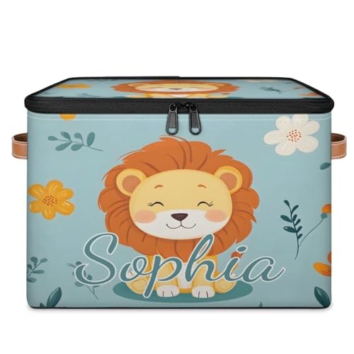 Custom Storage Basket with Name, Personalized Storage Bins with Zipper Lid, Foldable Fabric Storage Box Large capacity with Handle Flower Lion - color: Option 10