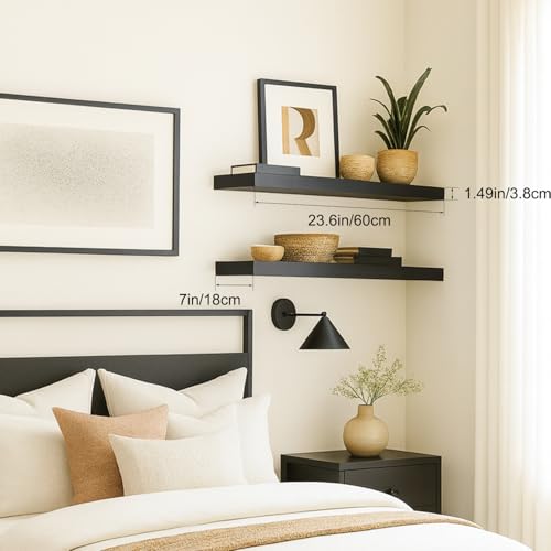 Floating Shelves for Wall, Bathroom Shelves Over Toilet, Wall Shelves & Book Shelf for Room, Hanging Shelf, Modern Wooden Mounted Floating Shelves, 24x7x1.5 in (Black, Set of 2) - color: Black, size: 24"(set of 2)