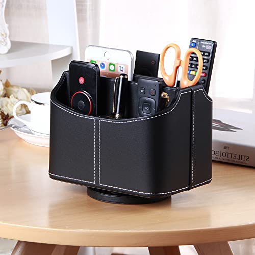 Remote Control Holder 360 Degrees Rotatable Desk Stationery Supply Organizer PU Leather Desktop Storage Box for Controllers Media Bedside Spinning TV Caddy iPad Mobile Pencil Cosmetic - color: A Black
