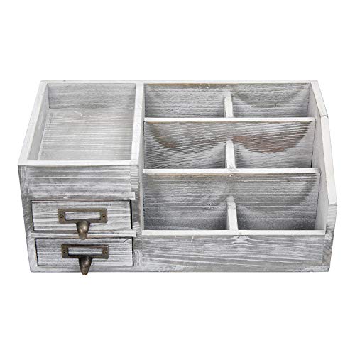 Distressed Rustic Wooden Office Desktop Organizer Wood Shelf Tabletop Home Organizer Storage with Multiple Compartments 2 Tier Drawers,perfect Jewelry storage Display Box for Desk, Vanity (gray) - color: gray