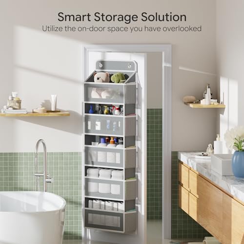 Simple Trending Over The Door Organizer, Hanging Shelves with 5 Large 5 Side Pockets, 44 lb Weight Behind Door Storage for Bedroom,Bathroom, Pantry, Nursery, Grey