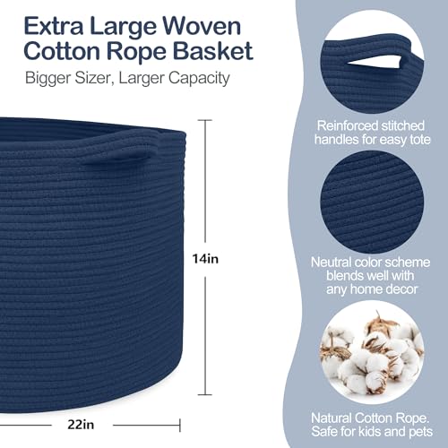 MEGASKET Dark Blue Basket for Organizing, 22" x 14" Extra Large Woven Cotton Rope Laundry Basket, Blanket Storage for Living Room Bedroom, Big Nursery Kids Toy Box Organizer, Pool Towel Storage Bin - color: Dark Blue, size: 22"x22"x14"