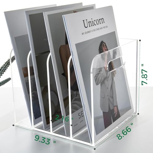 Acrylic File Holder for Desk - 4 Slot Vertical Magazine Organizer & Bookend - Clear Document Sorter Rack for Folders, Binders, Notebooks & Reports - Non-Slip Office Desktop Storage Sorter - size: A4, 4 Sections