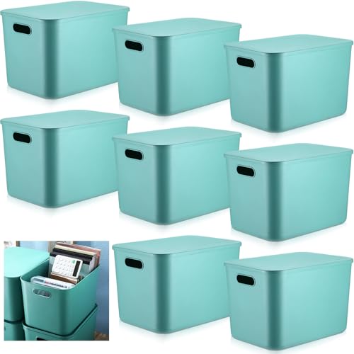 Hoolerry 8 Pieces Colorful Storage Bins with Lid, Plastic Storage Basket Organizing Container Stackable Box with Handle for Shelves Desktop Playroom Office(14.2 x 10.2 x 9.5 Inch,Green) - color: Green, size: 14.2 x 10.2 x 9.5 Inch