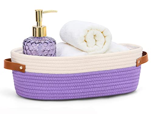 Bathroom Countertop Organizer Basket, Cotton Rope Woven Storage Basket Toilet Paper Decorative Basket for Bathroom, Bedroom, Living Room, Entryway 13"x6.3"x4.3" (Off White/Purple) - color: Off White & Purple