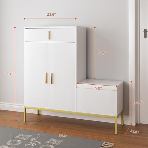 HedoAjim L-Shaped Shoe Storage Cabinet with Bench, Entryway Shoe Cabinet with Drawer, Modern Freestanding Shoes Organizer Cabinet for Entryway Hallway Front Door, White