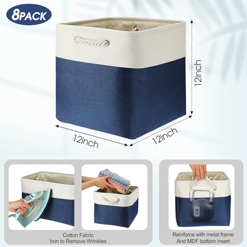 meekoo 8 Pack Collapsible Storage Bins Fabric Storage Bins Polyester Fabric Baskets with Handles Linen Closet Organizer for Shelf Home Closet Towels Toys(12 x 12 x 12 in,Blue White) - color: Blue White, size: 12 x 12 x 12 In