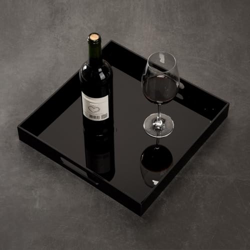 KEVLANG Glossy Black Acrylic Serving Tray - 14x14Inch, Multipurpose, Sturdy, Modern Style, Spill Proof, Countertop Organizer, Vanity Table Tray - color: Glossy Black, size: 14" x 14" x 2"