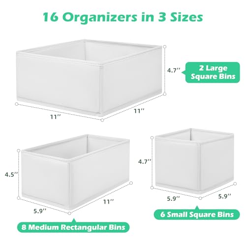 Drawer Clothing Organizer 16-Pack, White 3 Sizes Underwear Drawer Dividers, Fabric Folding Wardrobe Organizer, Can Store Baby Clothes, Bras, Underwear, Panties, Belts, Socks, Ties, etc. - color: White