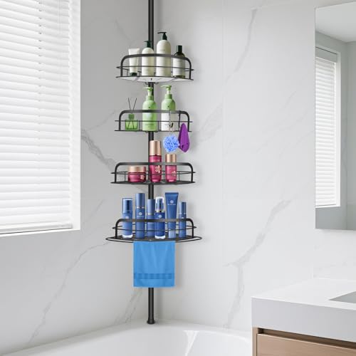 BlumWay Corner Shower Caddy Tension Pole, 4-Tier Adjustable Shower Organizer Shelves, Rustproof Bathroom Shower Organizer Corner Shelf for Bathtub Shampoo Storage, 32 to 116.5 Inch Height