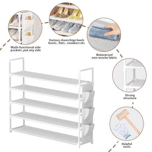 OYREL 5 Tier Shoe Organizer, 33.3in Wide x 11.2in Deep x 35.6in Tall, Black Metal and Plastic Shoe Rack with Side Bag, Holds 20-25 Pairs of Shoes - color: White, size: 5 Tier