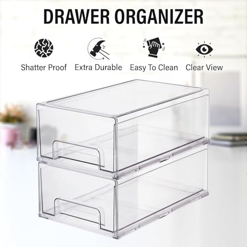 Clear Plastic Stackable Storage Drawers Bins, Perfect for Kitchen Pantry Organization and Storage, Under Sink Organizer, Pull Out Cabinet Organizer, Makeup, Bathroom Storage Containers for Organizing - size: Large 13.5 x 8.3 x 5.7
