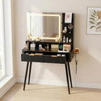Garvee Fluted Vanity Desk with Mirror and Lights, 31 in Small Makeup Vanity Storage Cabinet & 2 Drawers, 3 Lighting Modes, Stylish Dressing Table for Bedroom - color: Deep Black