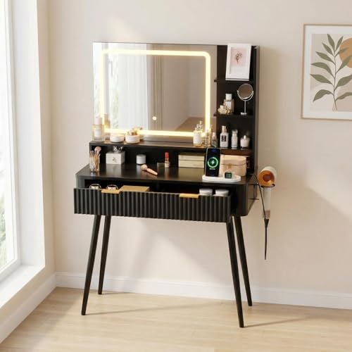 Garvee Fluted Vanity Desk with Mirror and Lights, 31 in Small Makeup Vanity Storage Cabinet & 2 Drawers, 3 Lighting Modes, Stylish Dressing Table for Bedroom - color: Deep Black