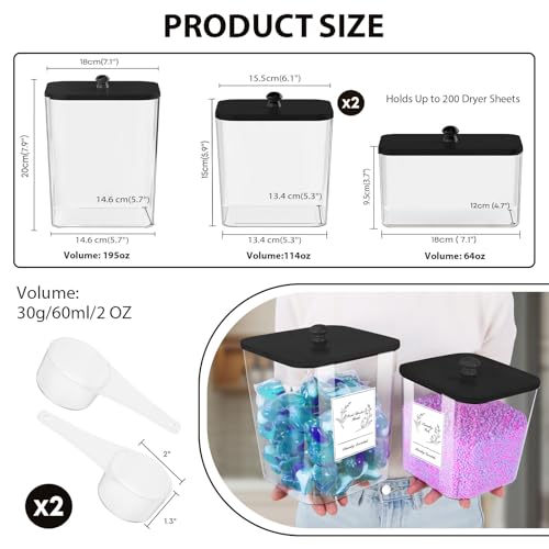 COAZEX 4 Pack Clear Laundry Pods Container & Dryer Sheet Holder, Plastic Square Laundry Room Organization and Storage Jars with Lids, Scoops & Labels for Detergent, Powder, Dryer Balls (Black Lid) - color: A-2+1+1 Pack(Black Lid)