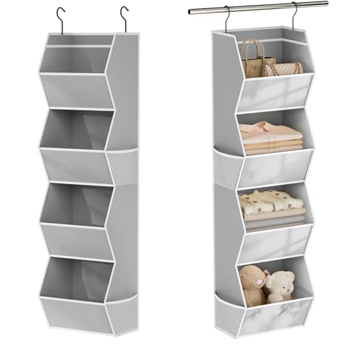 Hanging Closet Organizer 4 Shelf Collapsible Bedroom Closet Organizers and Storage Hanging with Mesh Pockets for Clothes, Fabric Hanging Storage Bins for Wardrobe Closet Organization and Storage, Grey - color: Grey-1 Pack, size: 4-shelf