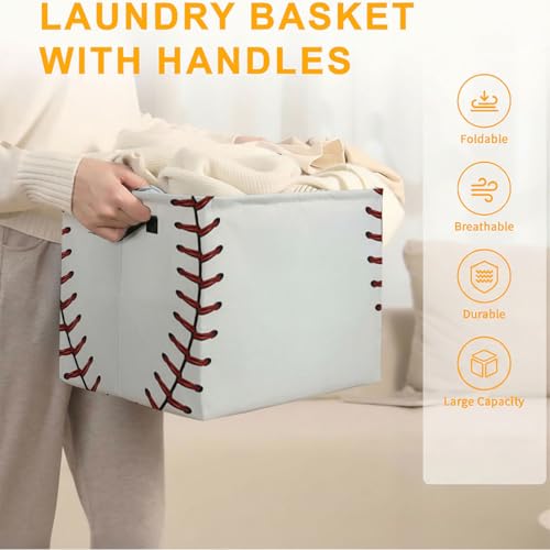 56L Baseball Laundry Basket Clothes Hamper with Handles,Foldable Blanket Storage Large Laundry Hamper with Waterproof PE,Toy Storage Bin Organizer,Cube Clothes Organizer,Home Decor - color: Baseball