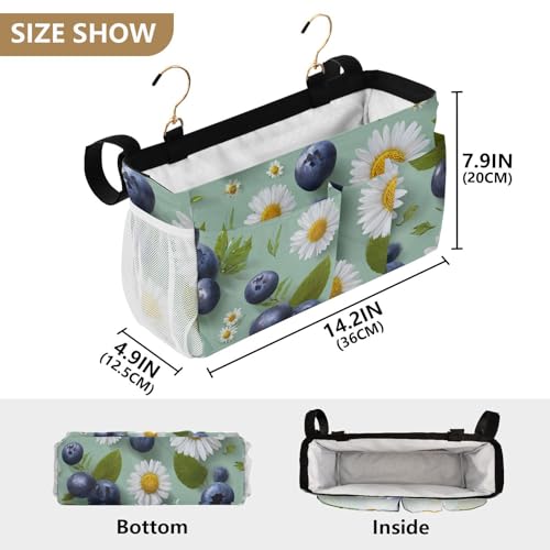 Bedside Caddy Metal Frame Hanging Organizer Bunk Bed Dorm Accessories Hook And Loop Storage Bag Large Pockets Blue Blueberries and Daisies - color: Blue Blueberries and Daisies