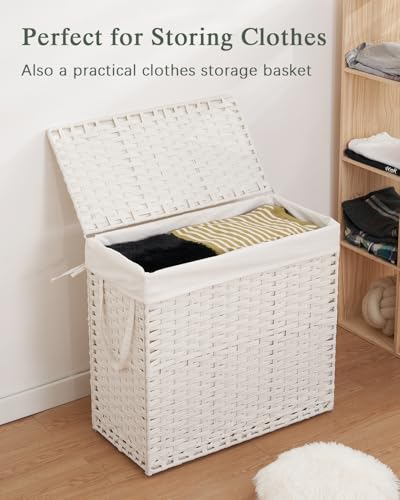 SETVSON Laundry Hamper with Lid Laundry Basket 132 L (35 Gal) Wicker Clothes Hamper, Handwoven Rattan Hamper with Handles and 4 Removable Liner Bags, 6 Mesh Bags for Laundry Bedroom White - color: White, size: 35.0 Gal
