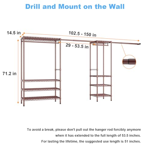 Ulif E11 Heavy-Duty Garment Rack, Metal Freestanding Clothes Rack and Closet Storage Organizer System with 8 Shelves and 4 Hanger Rods, (73.2-97.6)" W x 14.5" D x 71.2" H, Load 1034 LBS, Bronze - color: Bronze