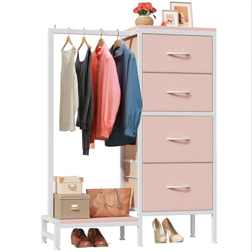 HIGDBFE Dresser with Hanging Rack, 4 Drawers Small Closet for Bedroom, Reversible Fabric Kids Chest of Drawers with Clothes Rack, Tall Storage Tower, Sturdy Frame, Pink, 44''H - color: Pink