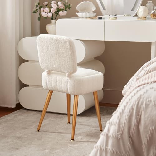 Updated Vanity Chair, Storage Ottoman with Folding Back & Gold-Toned Metal Legs, Ottoman Seat with Teddy Velvet for Dressing Room Living Room Bedroom, 15" x 12" Inch - color: White, size: 15" x 12"