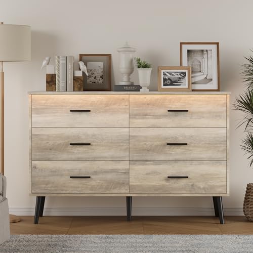 Grey Dresser for Bedroom, Dressers & Chests of Drawers for Clothes Storage, Wood Dresser for Closet with 6 Drawers, Wide Long Clothes Organizer with LED Light for Hallway, Entryway, Metal Handles - color: Grey