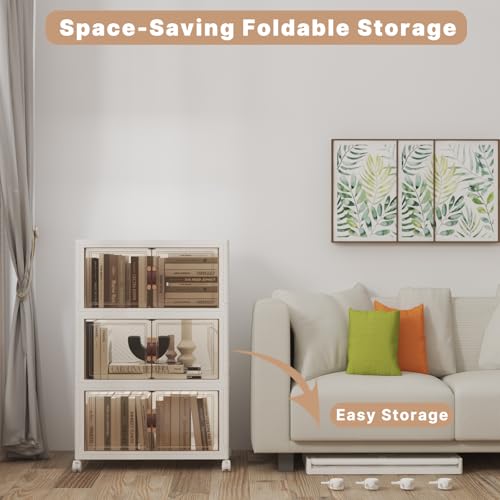 UAMFURI Stackable Storage Bins with Lids 144QT-48QT*3Pack Folding Storage box with Doors and Wheels, Collapsible Plastic Bins Stackable Organizer and Containers for Home, Garage, Office - color: white, size: 3PACK-20"W12"D34"H