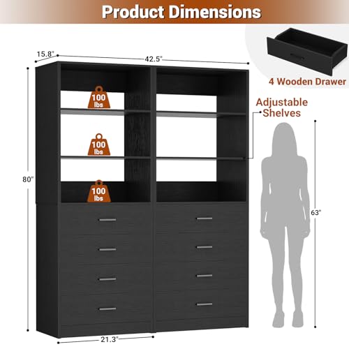 Aheaplus Closet Drawers Organizer System, 3.54FT Wood Closet System with 4 Drawers, Modular Walk-in Closets Storage Unit, Tall Bookshelf Storage Cabinet, Black (2 Packs) - color: Black, size: 42.5''