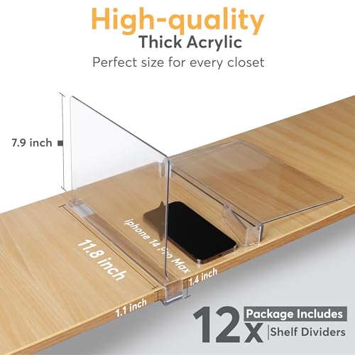 12 Pack Acrylic Shelf Dividers for Closet 11x7.9 Inch – Acrylic Dividers for Shelves Clear Closet Shelf Separators for Purses, Clothes Storage – Vertical Bookshelf Dividers for Bedroom & Kitchen - size: Pack of 12