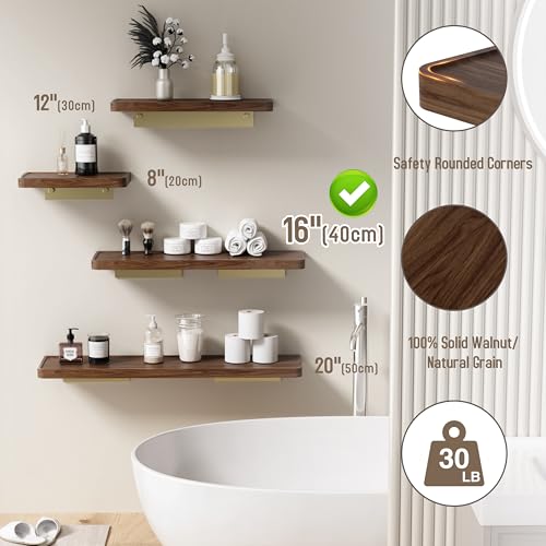 Danpoo 16 Inch Bathroom Shelves, Small Floating Shelf for Wall, Wooden Shelf for Bathroom, Living Room, Kitchen - color: Gold, size: 16 inch