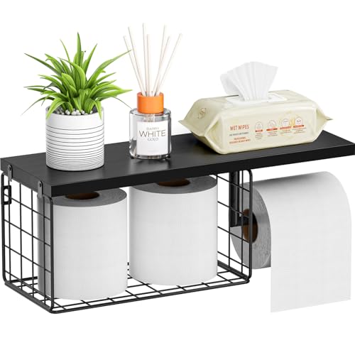 VITVITI Toilet Paper Holder with Shelf, Wall Mounted Toilet Paper Storage Basket, Wood Metal Toilet Roll and Wipes Holder for Bathroom Farmhouse (Black) - color: Black