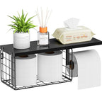 VITVITI Toilet Paper Holder with Shelf, Wall Mounted Toilet Paper Storage Basket, Wood Metal Toilet Roll and Wipes Holder for Bathroom Farmhouse (Black) - color: Black