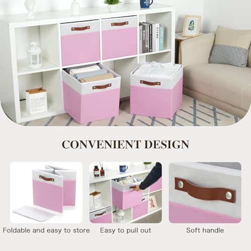 Temary Foldable Cube Baskets 4Pack - Clothes Shelf Storage with Handles, Fabric Storage Organizer Bins (White&Pink, 13x15x13 Inch) - color: White&Pink, size: 13x15x13