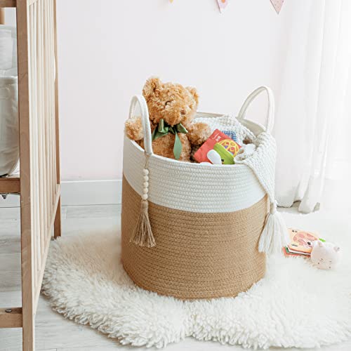 Mkono Woven Storage Basket Decorative Rope Basket Wooden Bead Decoration for Blankets,Toys,Clothes,Shoes,Plant Organizer Bin with Handles Living Room Home Decor, 15"Wx17.7"L,White and Yellow - color: Cream White and Brown, size: 15"W x 17.7"L