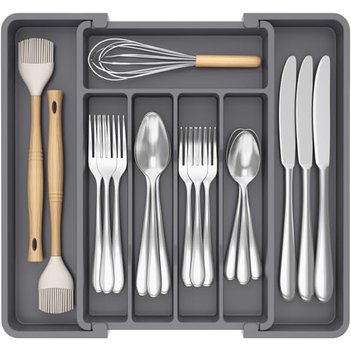 Lifewit Silverware Drawer Organizer, Expandable Utensil Tray for Kitchen, BPA Free Flatware and Cutlery Holder, Adjustable Plastic Storage for Spoons Forks Knives, 8.5-14 x 12", Dark Gray - color: Dark Gray, size: Medium (8.5-14''W x 12''D)