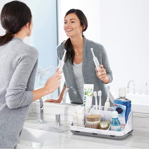 GFWARE Marble Bathroom Countertop Organizer - Detachable 7 Slots Kids Electric Toothbrush and Toothpaste Holde Drainage for Bathroom Accessories Organization Counter Vanity Storage, Grey - color: Marble Grey