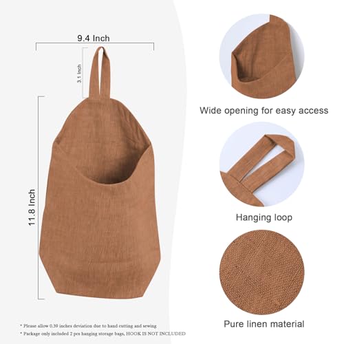 100% Linen Hanging Storage Bags Baskets 2 Pcs, Small Wall Storage Bag for Kitchen, Bedroom, RV Camper Organizer, Sewing Room, Nursery Storage, Kids Room (Brown) - color: Brown