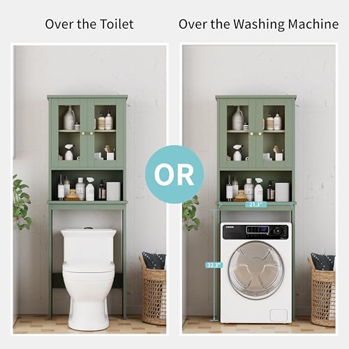 Shintenchi Over the Toilet Storage Cabinet, Bathroom Shelf Organizer with Anti-Tip Device Small Freestanding Space Saver with Adjustable Shelf and Glass Door, Green - color: Green, size: Glass Door
