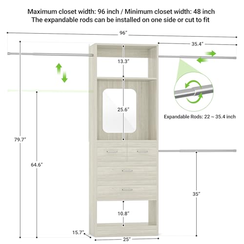 Unikito 8FT Closet System, Customizable 96” Closet Storage Organizer with 25” Tower and 3 Extendable Hanging Rods (Can Be Cut to Fit), Heavy Duty Clothing Racks with 4 Drawers and Shelves, White Oak - color: White Oak
