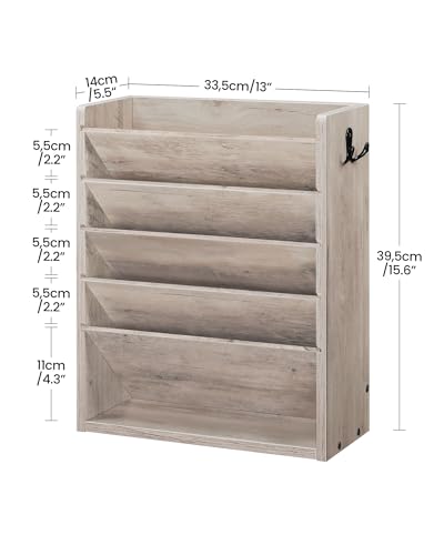 CHOEZON Wall File Organizer, 6-Tier Vertical Mount Hanging Holder with 2 Side Hooks, Modern Wooden Magazine Storage Holder with Bottom Tray, Desk Organizer, for Office, Home, Greige MWJ01FH - color: Greige, size: 6-Tier