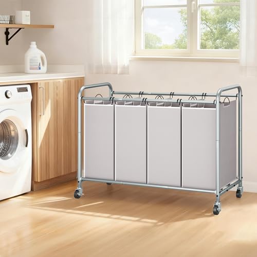 STORAGE MANIAC Laundry Sorter 4 Section, 47.5 Gal (180 L) Laundry Hamper with Wheels, Clothes Divider Basket Sorter, Clothes Separator Hamper Cart with Wheels and Removable Bags, Gray - color: Gray, size: 4 Section