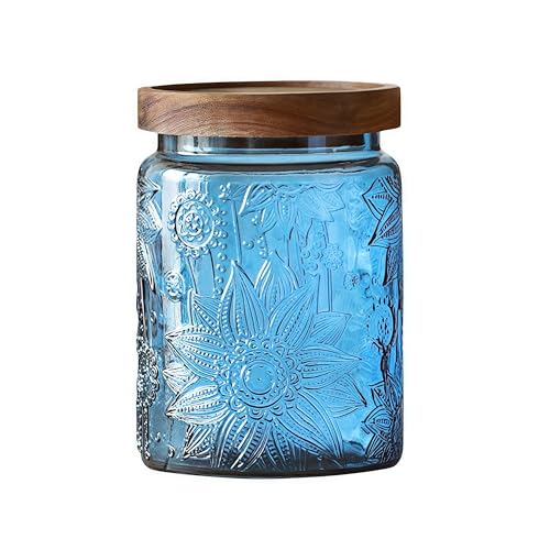 ANSQU Vintage 23.7oz Glass Mason Jar with Solid Wood Lid - Decorative Storage Canister for Tea, Coffee, Cookies, Candy, Bath Salts, Laundry Detergent - Kitchen & Bathroom Organizer (Blue, 1 Pack) - color: Blue, size: 23.7 Ounces