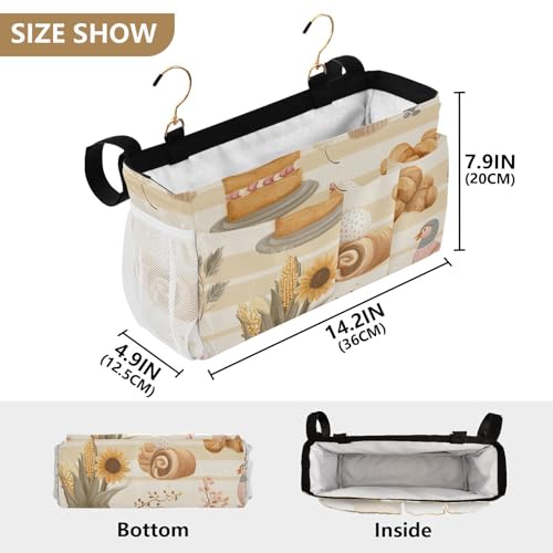 Bedside Caddy Metal Frame Hanging Organizer Bunk Bed Dorm Accessories Hook And Loop Storage Bag Large Pockets Beige Bread Pumpkin Thanksgiving - color: Beige Bread Pumpkin Thanksgiving
