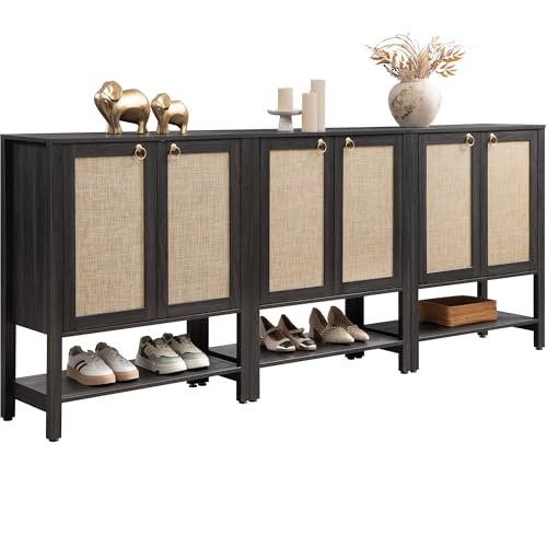 SICOTAS Shoe Cabinet with Storage - 3 Pieces Farmhouse Boho Shoe Organizer with Rattan Doors & Shelves, 5 Tier Free Standing Shoe Rack Storage Cabinet for Entryway, Hallway, Foyer, Closet (Obsidian) - color: Obsidian, size: 3 Pieces